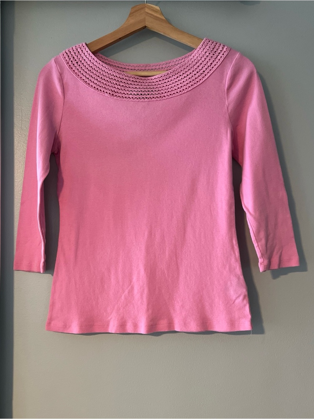 Y2K Lauren Ralph Lauren Women’s Pink ¾ Sleeve 100% Cotton Top w/Crochet Neckline